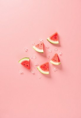 Watermelon slices arranged on pink background with ice