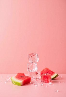 Refreshing watermelon and ice cubes on pink background