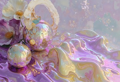 Colorful decorative spheres on a flowing surface