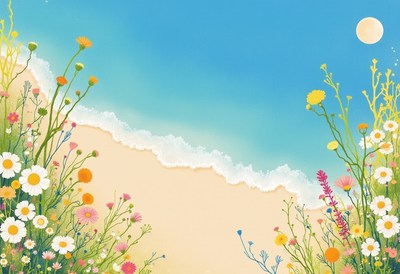 Colorful flowers along a sunny beach landscape