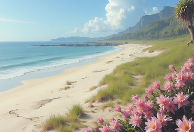 Calm beach with flowers and mountains behind
