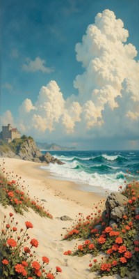 Coastal landscape with flowers and dramatic clouds
