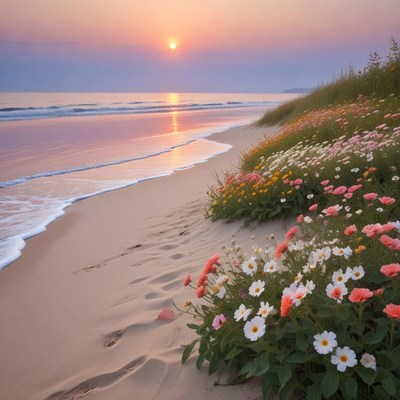 Sunrise over serene beach with colorful flowers