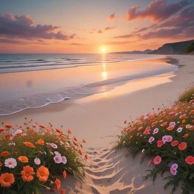 Ocean sunset with colorful flowers along the shore