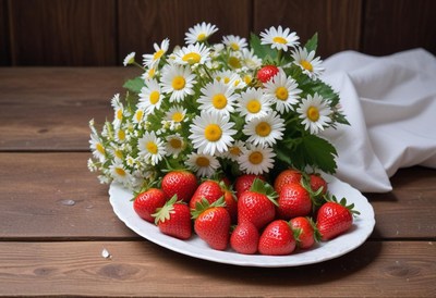 Strawberries and daisies artfully arranged on a plate