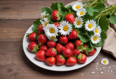 Fresh strawberries and daisies arranged on a plate
