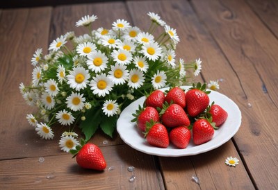 Strawberries and daisies brighten the tabletop