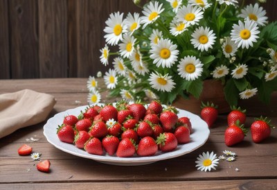 Fresh strawberries arranged on a plate with daisies