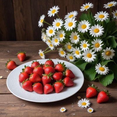 Fresh strawberries and daisies arranged on a rustic table