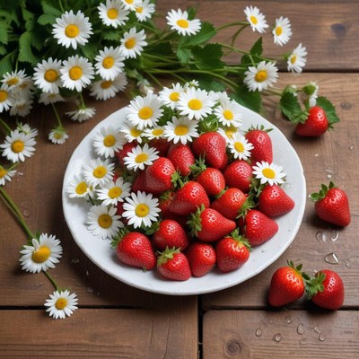 Fresh strawberries and daisies arranged on a wooden table