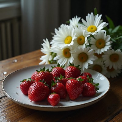Fresh strawberries on a rustic wooden table with daisies