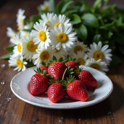 Fresh strawberries on a plate with daisies in background