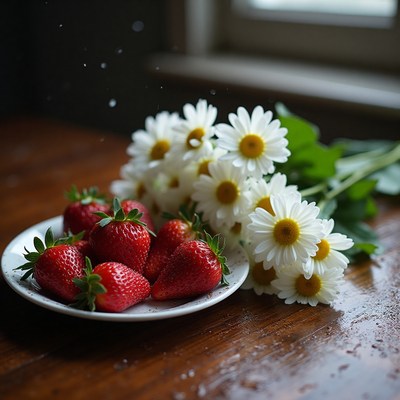 Fresh strawberries and daisies on a rustic wooden table