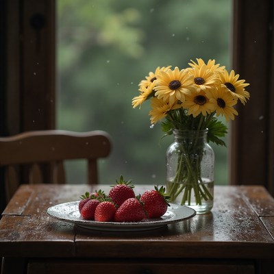 Fresh strawberries and yellow daisies brighten a table