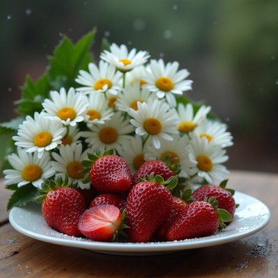 Fresh strawberries and daisies on wooden table in sunlight