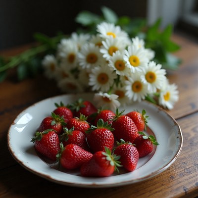 Fresh strawberries and daisies on a wooden table