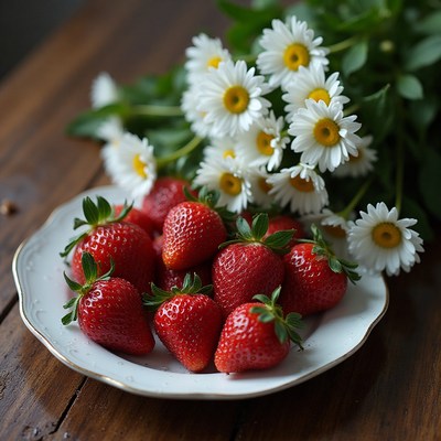 Fresh strawberries arranged beautifully with daisies