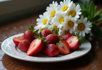 Fresh strawberries and daisies on a wooden table