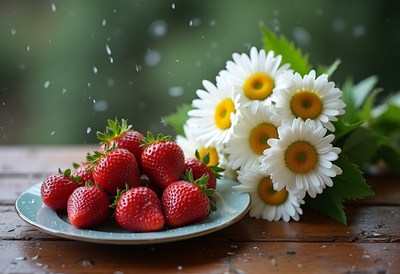 Fresh strawberries and daisies on a rustic wooden table