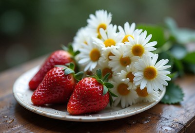 Fresh strawberries and daisies on a wooden table