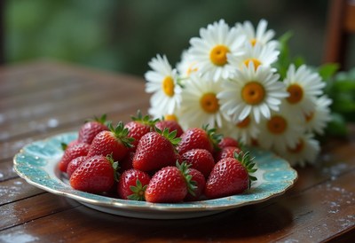 Strawberries on a floral decorative plate