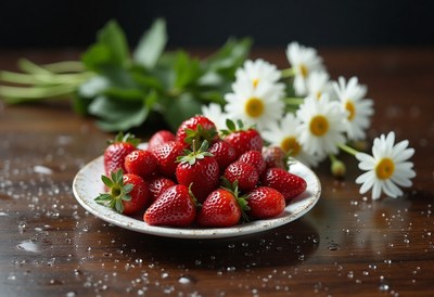 Fresh strawberries and daisies on a wooden table