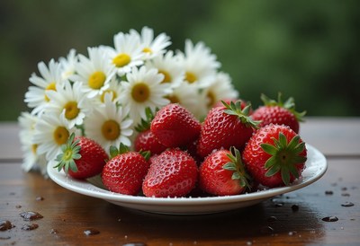 Fresh strawberries with daisies on a wooden table