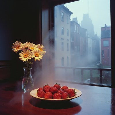 Fresh strawberries and flowers brighten a foggy city morning