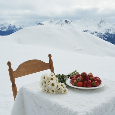 Snowy mountain picnic with strawberries and flowers