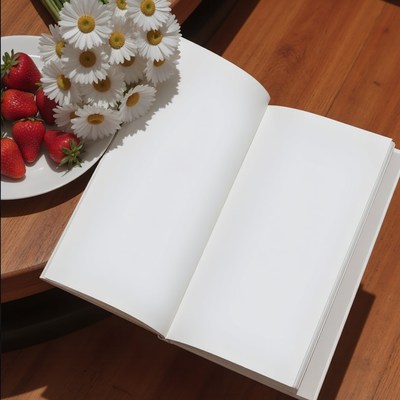 Open sketchbook beside fresh strawberries and flowers