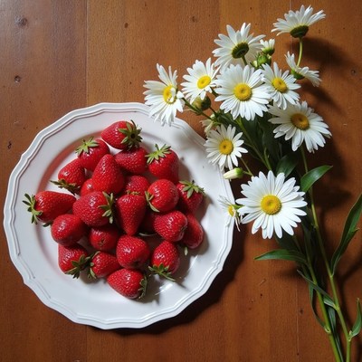 Fresh strawberries and daisies arranged on a wooden table