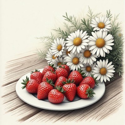 Fresh strawberries and daisies on a rustic wooden table