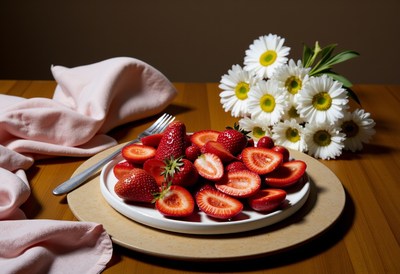 Freshly sliced strawberries with flowers and cloth on table