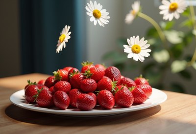 Fresh strawberries on a plate with flowers in the air