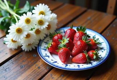 Fresh strawberries and daisies on a wooden table