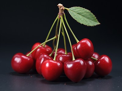 Fresh cherries arranged on a dark background in a cluster