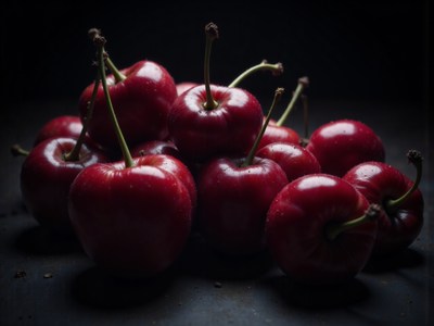 Fresh red cherries stacked on a dark surface