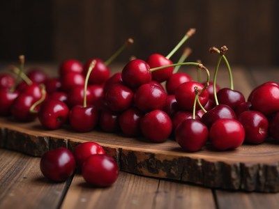 Fresh cherries arranged on a wooden board in natural light