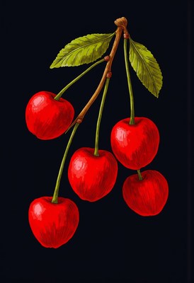 Bright red cherries hanging from a branch