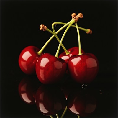Fresh cherries arranged elegantly on a reflective surface