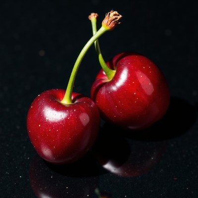 Fresh cherries on a reflective surface