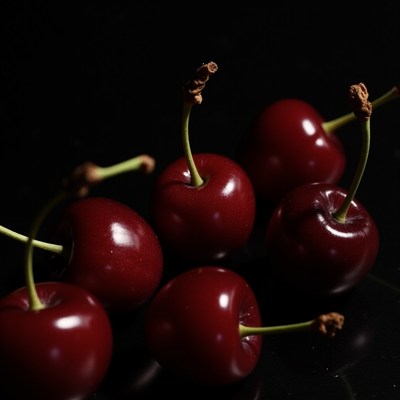 Fresh cherries arranged on a dark surface