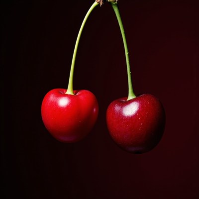 Red cherries hanging against a dark background