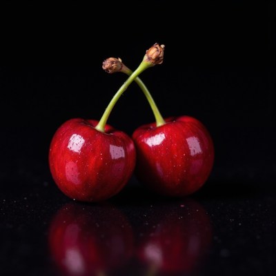 Fresh red cherries reflecting on dark background