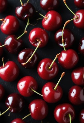 Fresh cherries arranged beautifully on a dark background