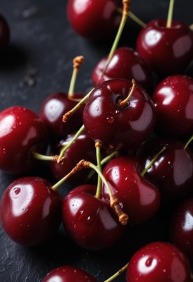 Fresh cherries piled neatly on a dark surface