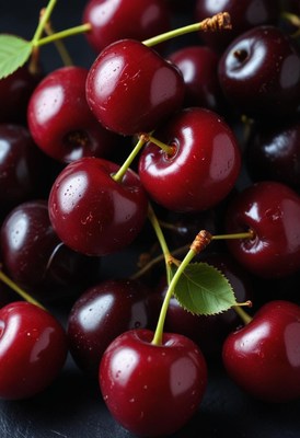 Fresh cherries piled on a dark surface for display