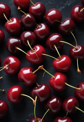 Fresh cherries arranged on a dark surface