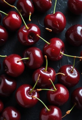 Fresh cherries on a dark background ready for consumption