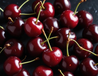 Fresh cherries display on a dark surface in close-up